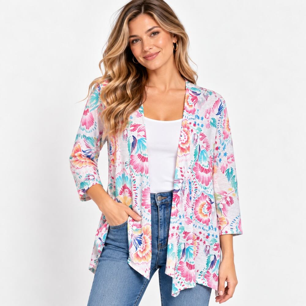 Chico's Lightweight Cardigan Women's Size 3 (XL) Tropical NWOT White Floral Boho